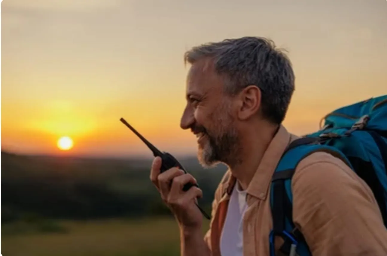 Técnico usando un walkie-talkie en una ruta de montaña al atardecer